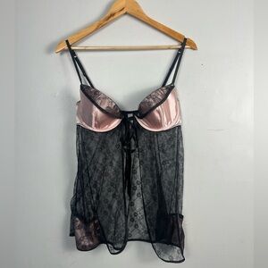 Victoria’s Secret Pink Satin And Black Lace Pocket Top tie front size 36D